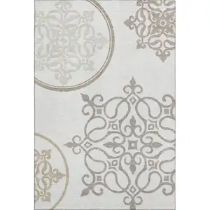 Photo of Ivory Beige And Tan Floral Medallion Washable Area Rug With UV Protection