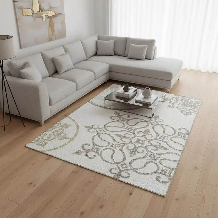 Ivory Beige And Tan Floral Medallion Washable Area Rug With UV Protection Photo 2