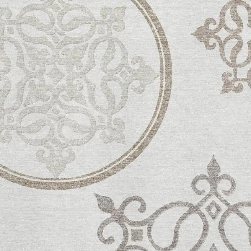 Ivory Beige And Tan Floral Medallion Washable Area Rug With UV Protection Photo 3