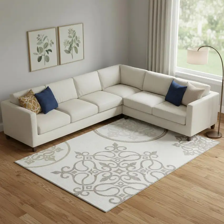 Ivory Beige And Tan Floral Medallion Washable Area Rug With UV Protection Photo 1