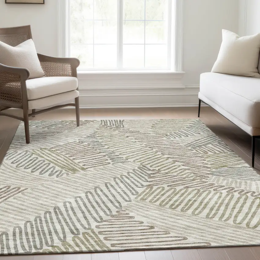 Ivory Beige And Tan Floral Washable Area Rug With UV Protection Photo 6