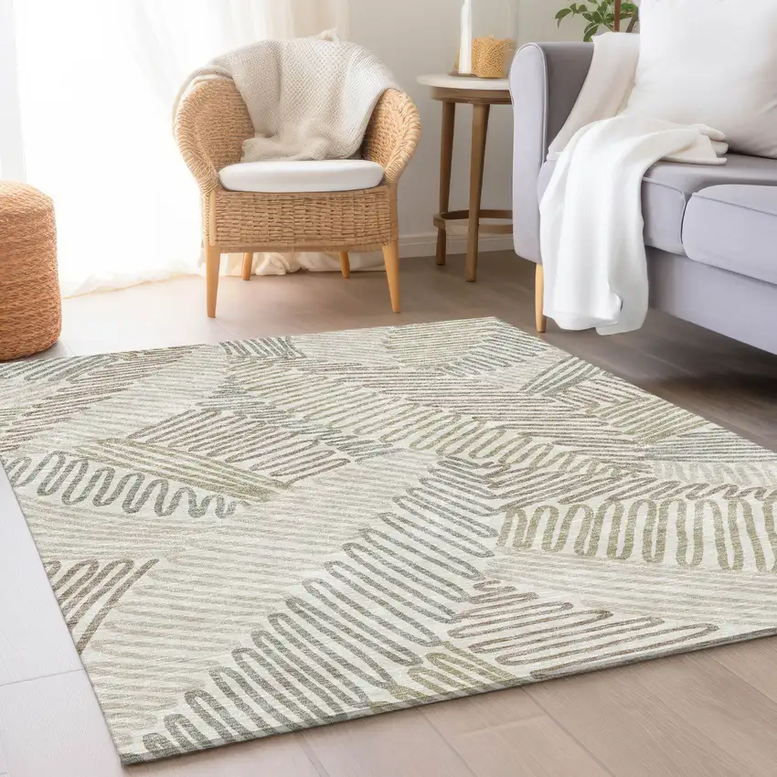 Ivory Beige And Tan Floral Washable Area Rug With UV Protection Photo 5
