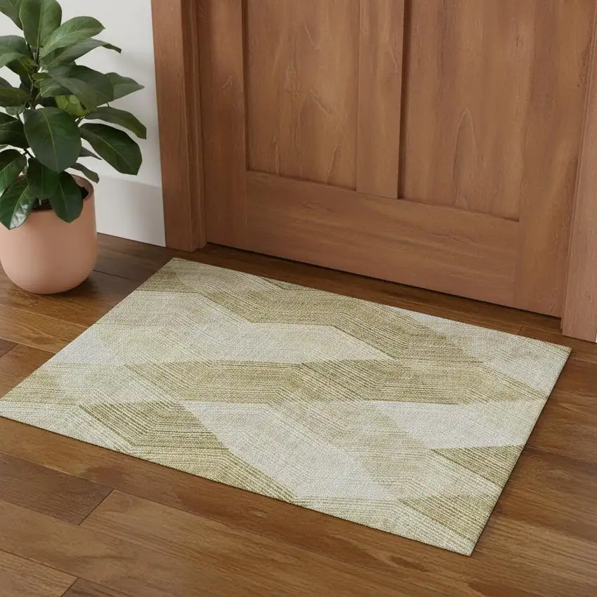 Ivory Beige And Tan Geometric Washable Area Rug With UV Protection Photo 1