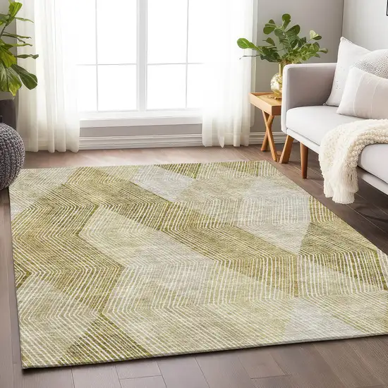 Ivory Beige And Tan Geometric Washable Area Rug With UV Protection Photo 3