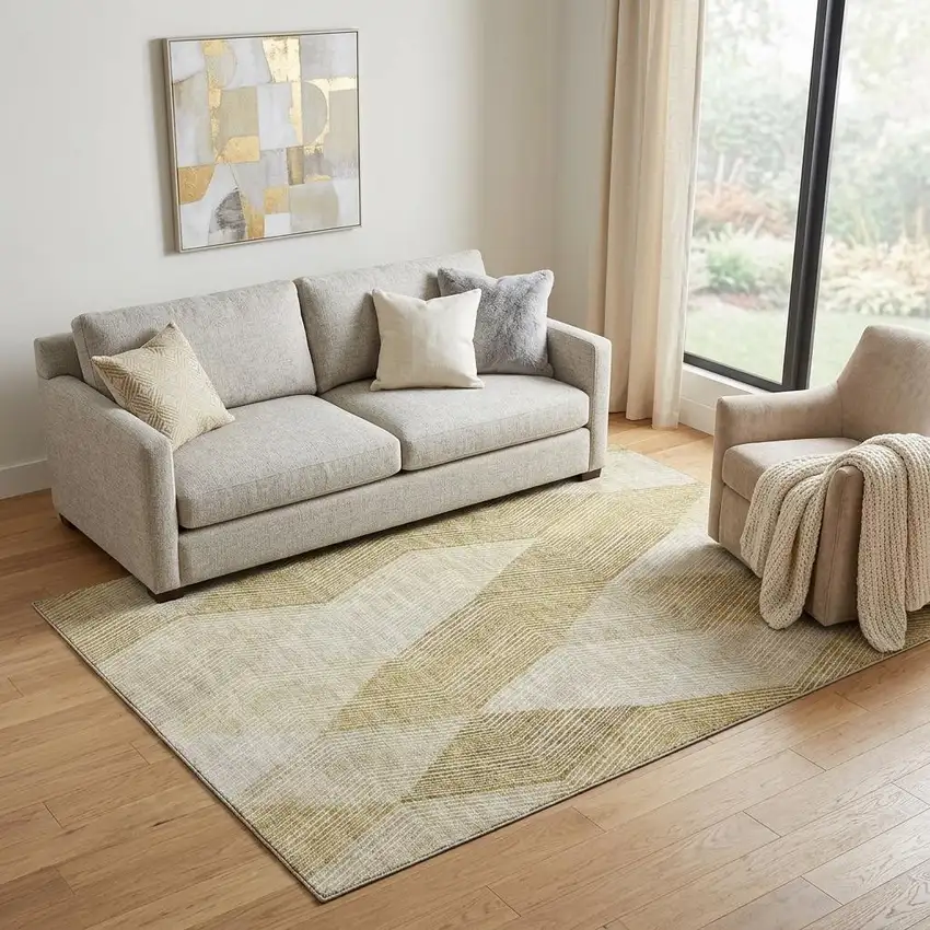 Ivory Beige And Tan Geometric Washable Area Rug With UV Protection Photo 1