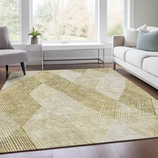 Ivory Beige And Tan Geometric Washable Area Rug With UV Protection Photo 5