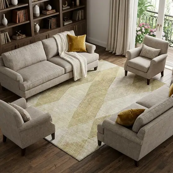 Ivory Beige And Tan Geometric Washable Area Rug With UV Protection Photo 1