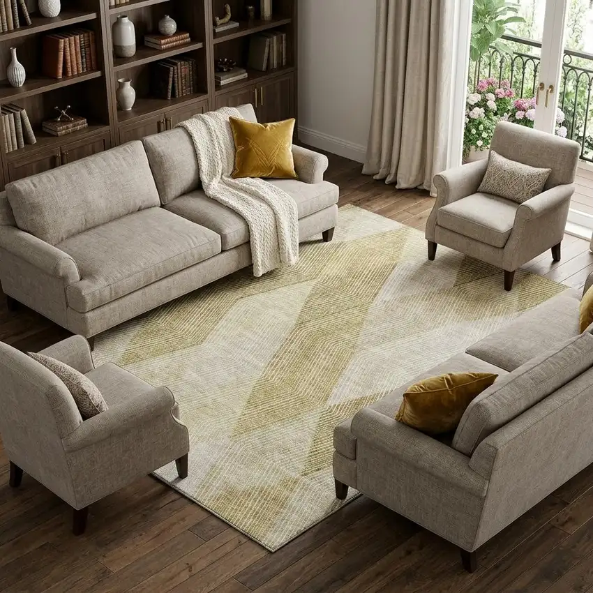 Ivory Beige And Tan Geometric Washable Area Rug With UV Protection Photo 1