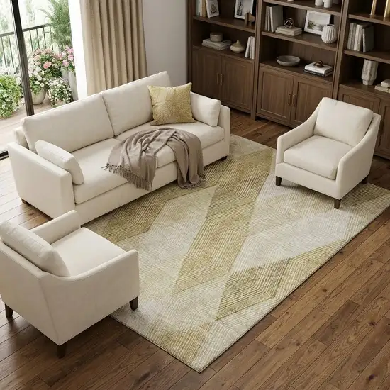 Ivory Beige And Tan Geometric Washable Area Rug With UV Protection Photo 1