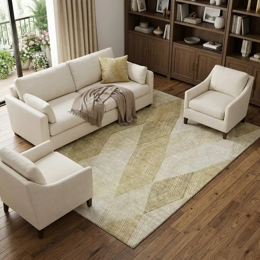 Ivory Beige And Tan Geometric Washable Area Rug With UV Protection Photo 1