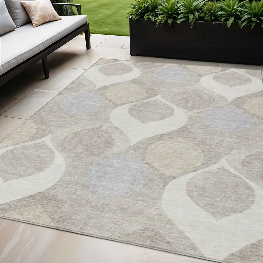 Ivory Beige And Tan Ogee Washable Indoor Outdoor Area Rug Photo 1