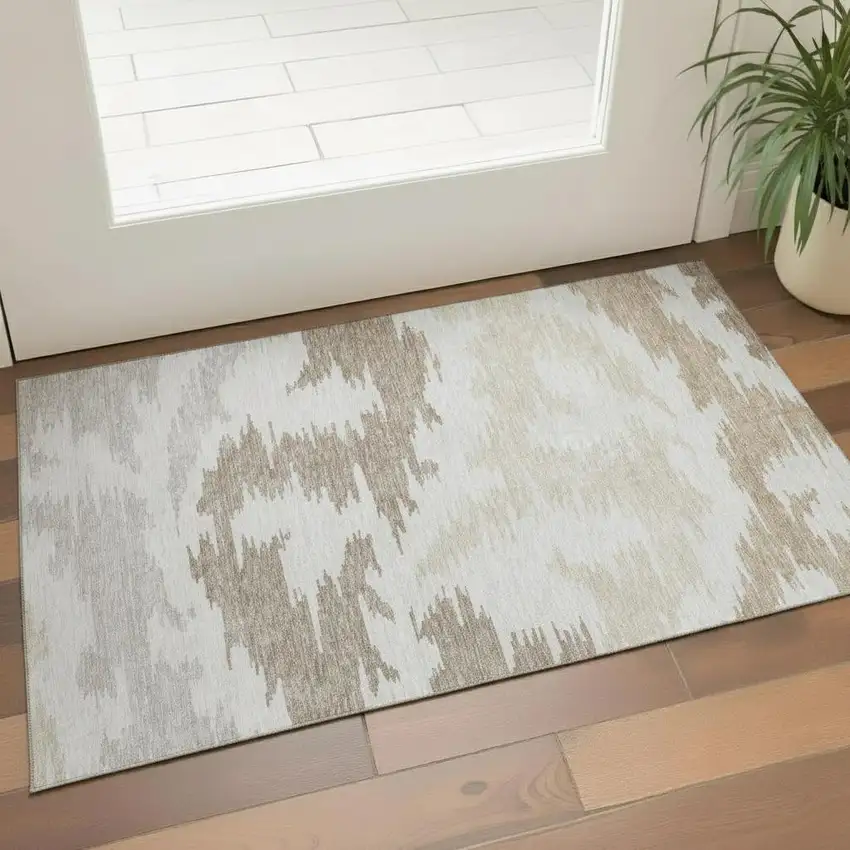 Ivory Beige And Taupe Abstract Washable Area Rug With UV Protection Photo 1
