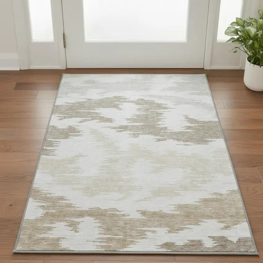 Ivory Beige And Taupe Abstract Washable Area Rug With UV Protection Photo 2