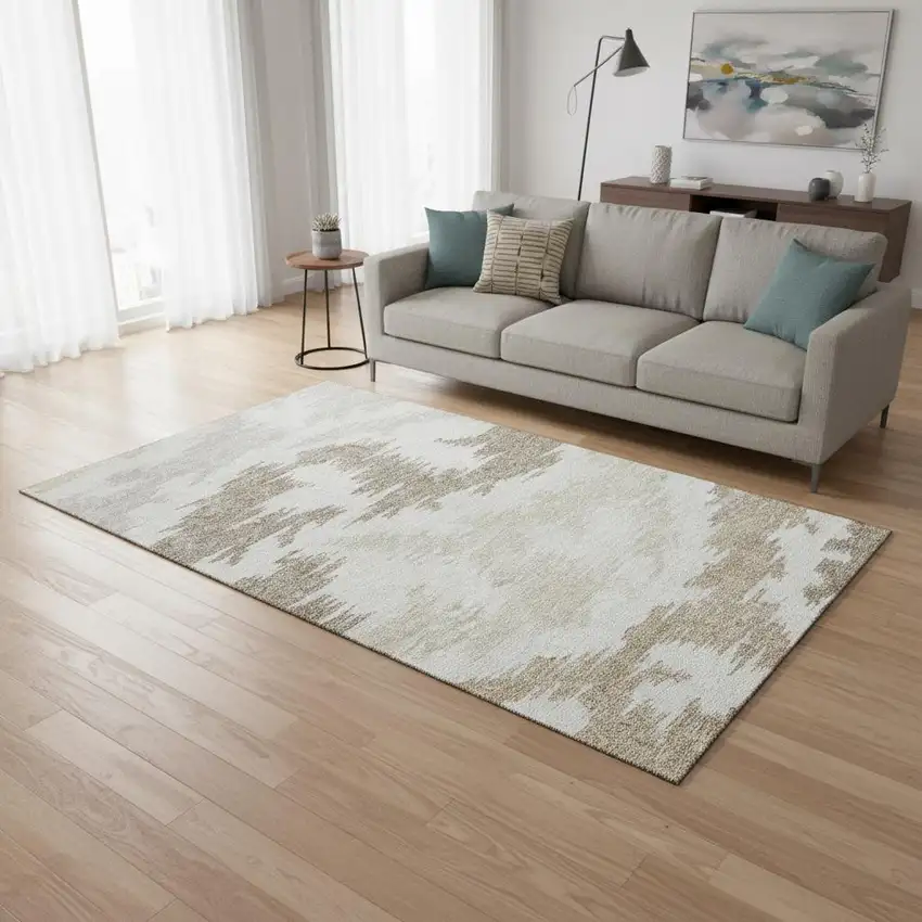 Ivory Beige And Taupe Abstract Washable Area Rug With UV Protection Photo 2