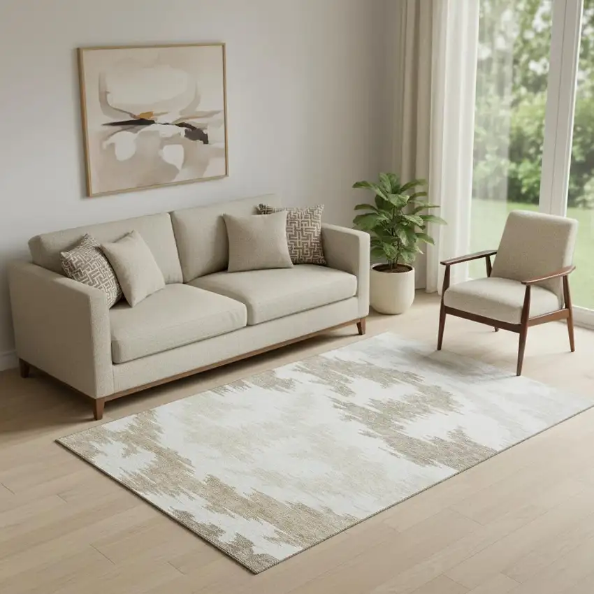 Ivory Beige And Taupe Abstract Washable Area Rug With UV Protection Photo 1