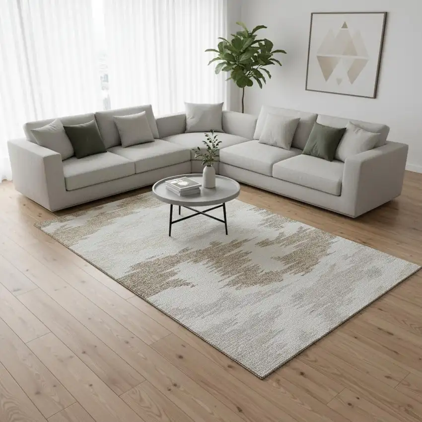 Ivory Beige And Taupe Abstract Washable Area Rug With UV Protection Photo 2