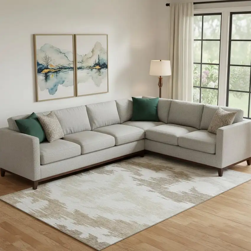 Ivory Beige And Taupe Abstract Washable Area Rug With UV Protection Photo 1