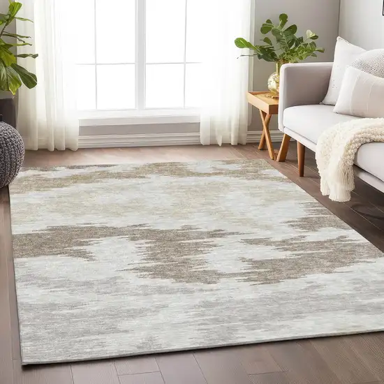 Ivory Beige And Taupe Abstract Washable Area Rug With UV Protection Photo 5