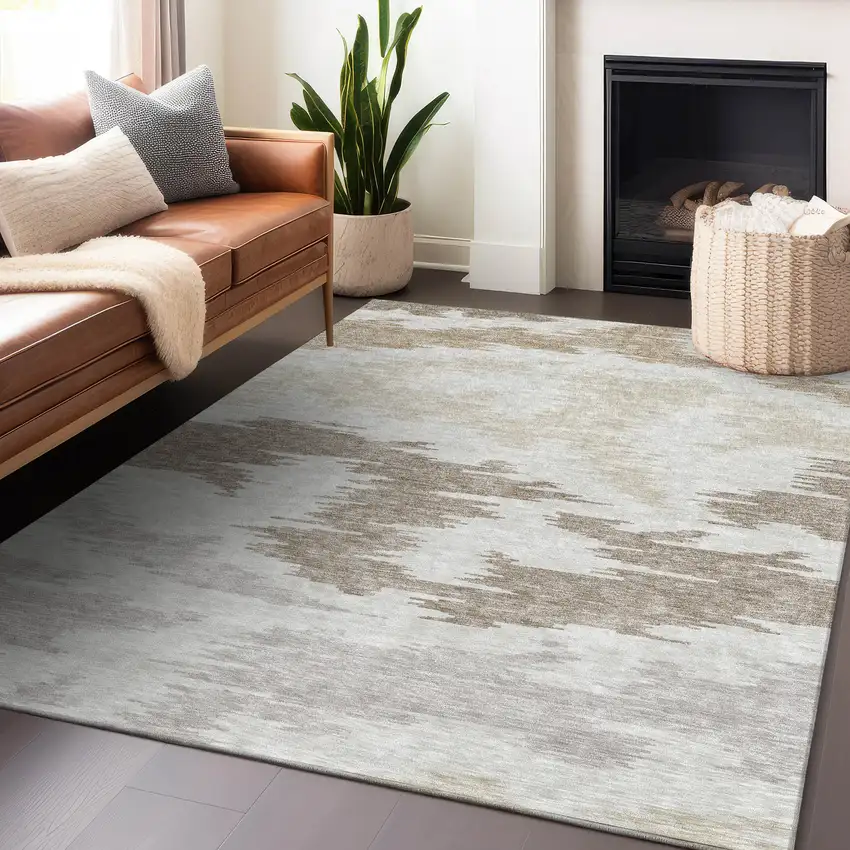 Ivory Beige And Taupe Abstract Washable Area Rug With UV Protection Photo 6