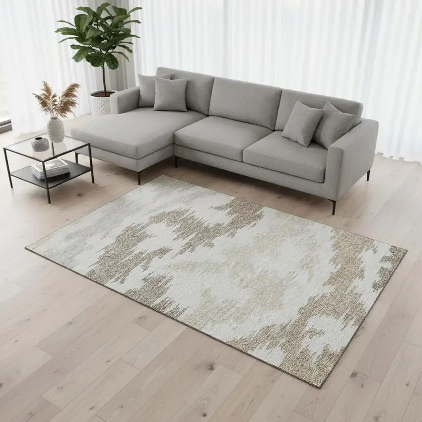 Ivory Beige And Taupe Abstract Washable Area Rug With UV Protection Photo 2