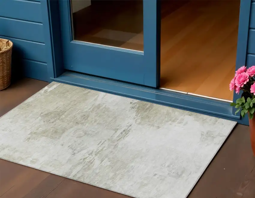 Ivory Beige And Taupe Abstract Washable Indoor Outdoor Area Rug Photo 1