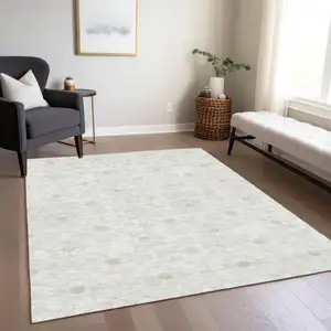 Photo of Ivory Beige And Taupe Floral Medallion Washable Indoor Outdoor Area Rug