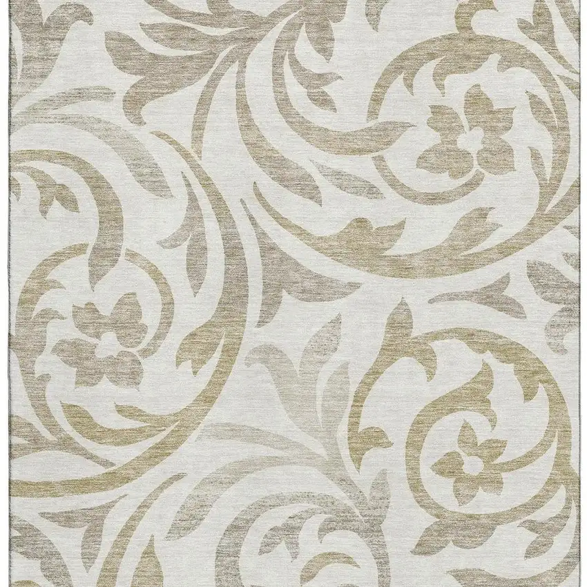 Ivory Beige And Taupe Floral Washable Area Rug With UV Protection Photo 3