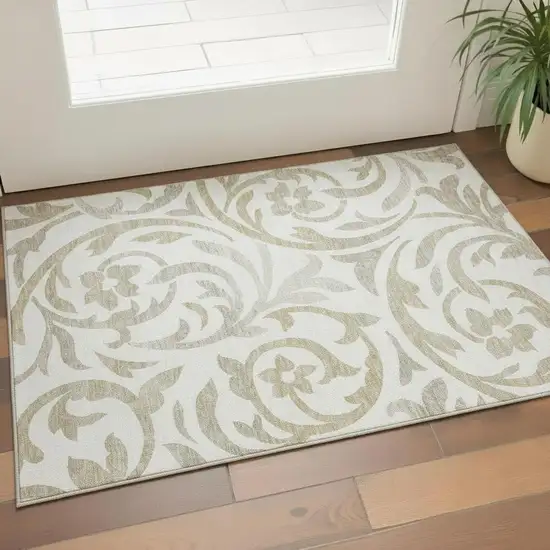 Ivory Beige And Taupe Floral Washable Area Rug With UV Protection Photo 1