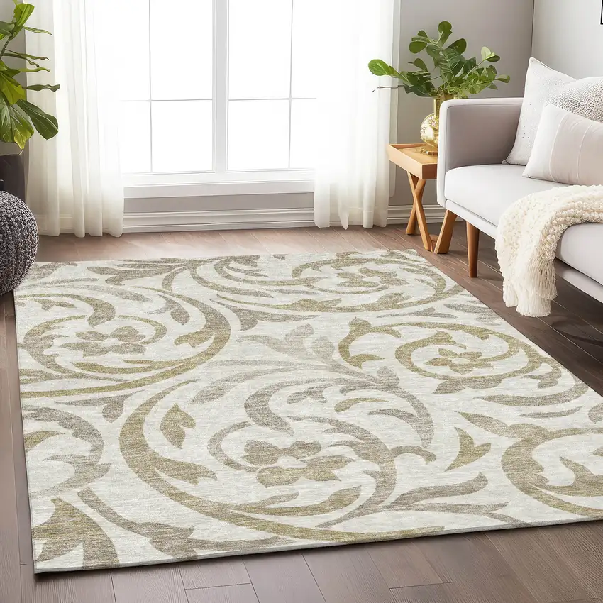 Ivory Beige And Taupe Floral Washable Area Rug With UV Protection Photo 5
