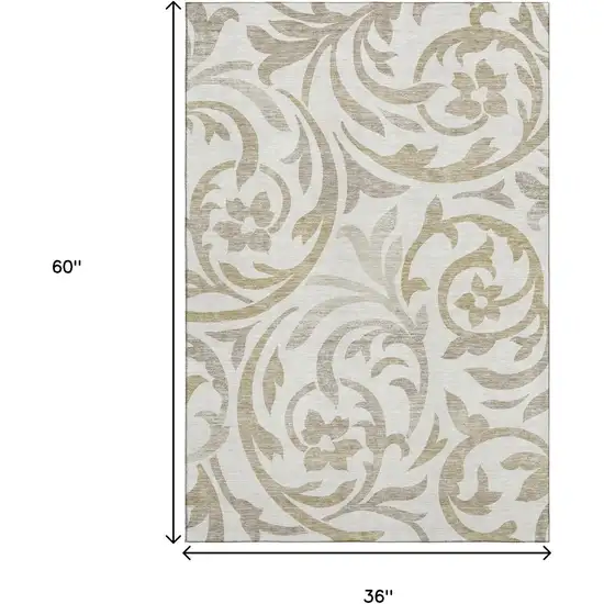 Ivory Beige And Taupe Floral Washable Area Rug With UV Protection Photo 3
