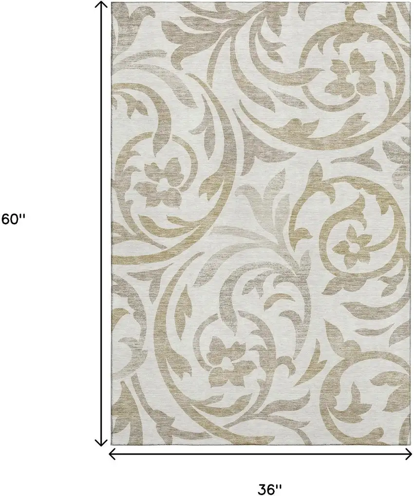 Ivory Beige And Taupe Floral Washable Area Rug With UV Protection Photo 3