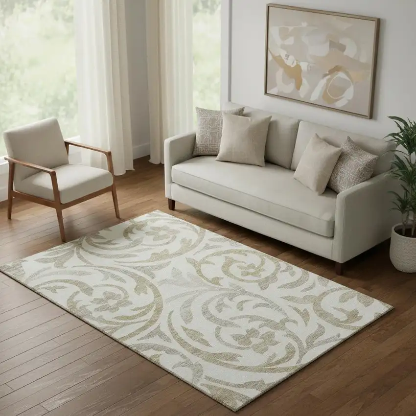 Ivory Beige And Taupe Floral Washable Area Rug With UV Protection Photo 1