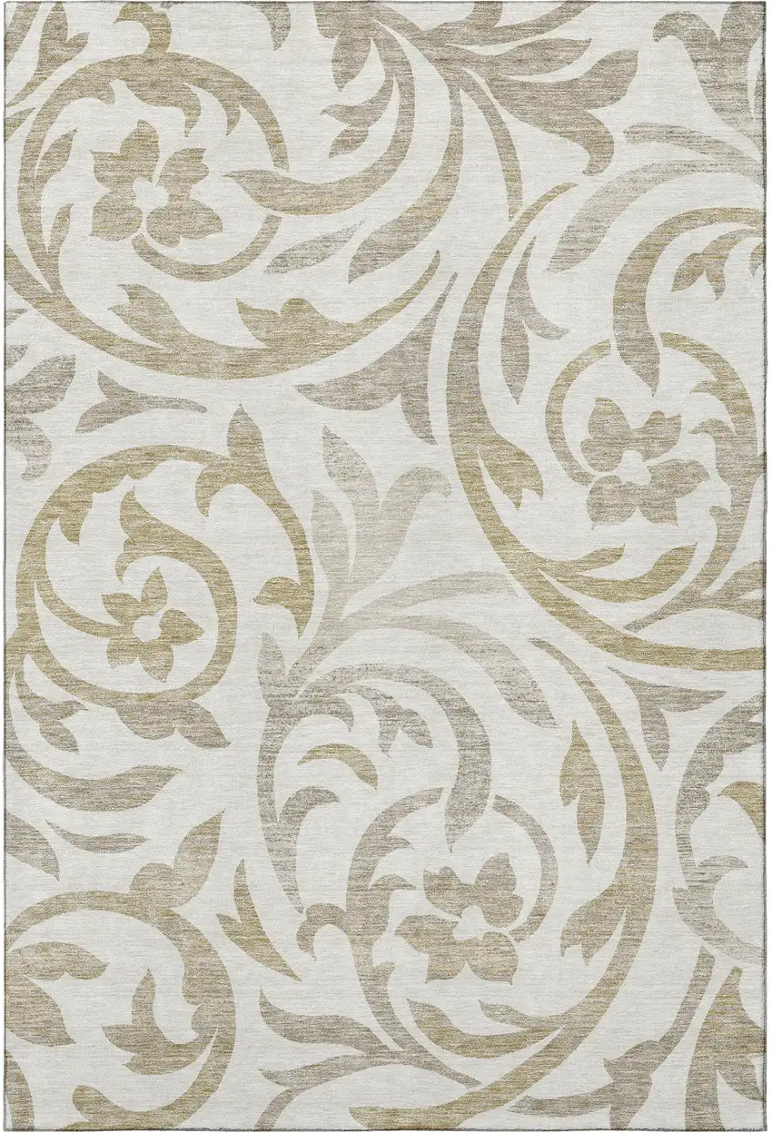 Ivory Beige And Taupe Floral Washable Area Rug With UV Protection Photo 4