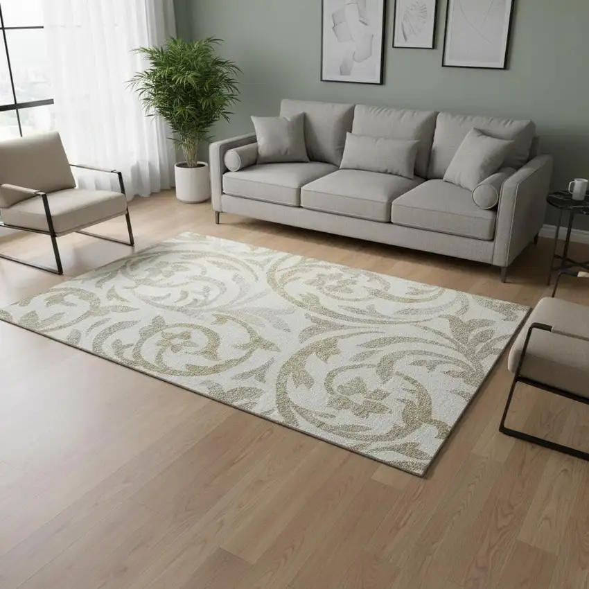 Ivory Beige And Taupe Floral Washable Area Rug With UV Protection Photo 2