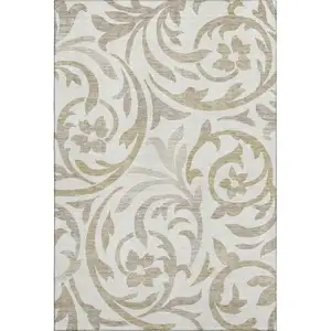 Photo of Ivory Beige And Taupe Floral Washable Area Rug With UV Protection