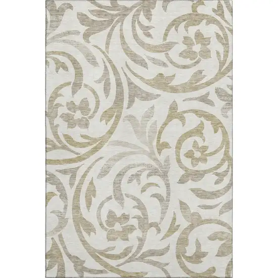 Ivory Beige And Taupe Floral Washable Area Rug With UV Protection Photo 1