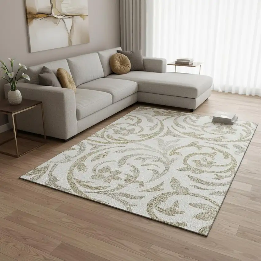 Ivory Beige And Taupe Floral Washable Area Rug With UV Protection Photo 2