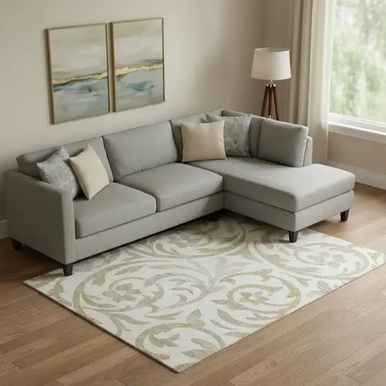 Ivory Beige And Taupe Floral Washable Area Rug With UV Protection Photo 1