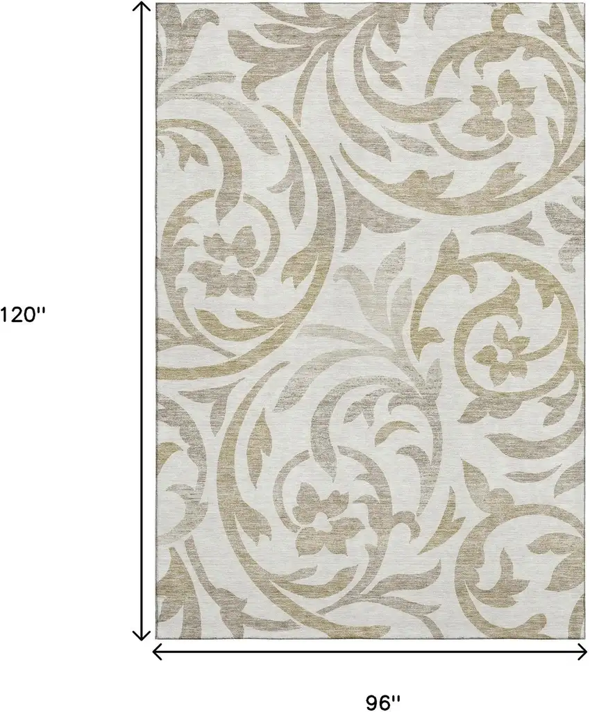 Ivory Beige And Taupe Floral Washable Area Rug With UV Protection Photo 3