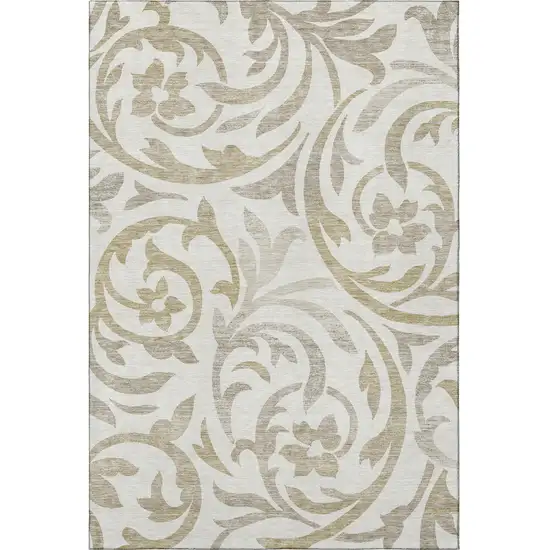Ivory Beige And Taupe Floral Washable Area Rug With UV Protection Photo 4