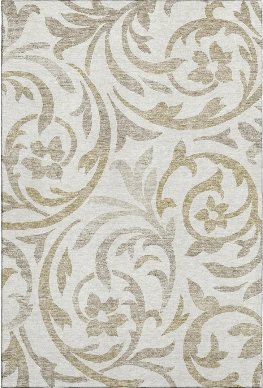 Ivory Beige And Taupe Floral Washable Area Rug With UV Protection Photo 1