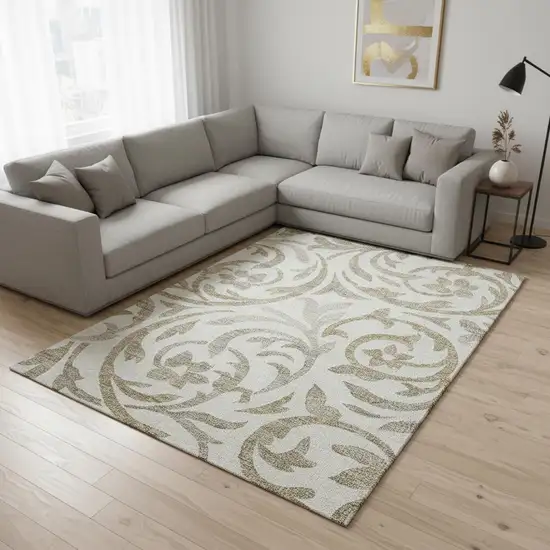 Ivory Beige And Taupe Floral Washable Area Rug With UV Protection Photo 2