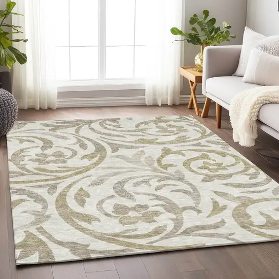 Ivory Beige And Taupe Floral Washable Area Rug With UV Protection Photo 5