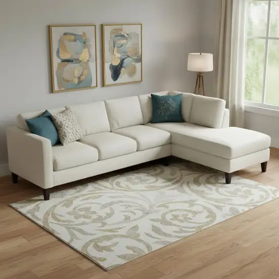 Ivory Beige And Taupe Floral Washable Area Rug With UV Protection Photo 1