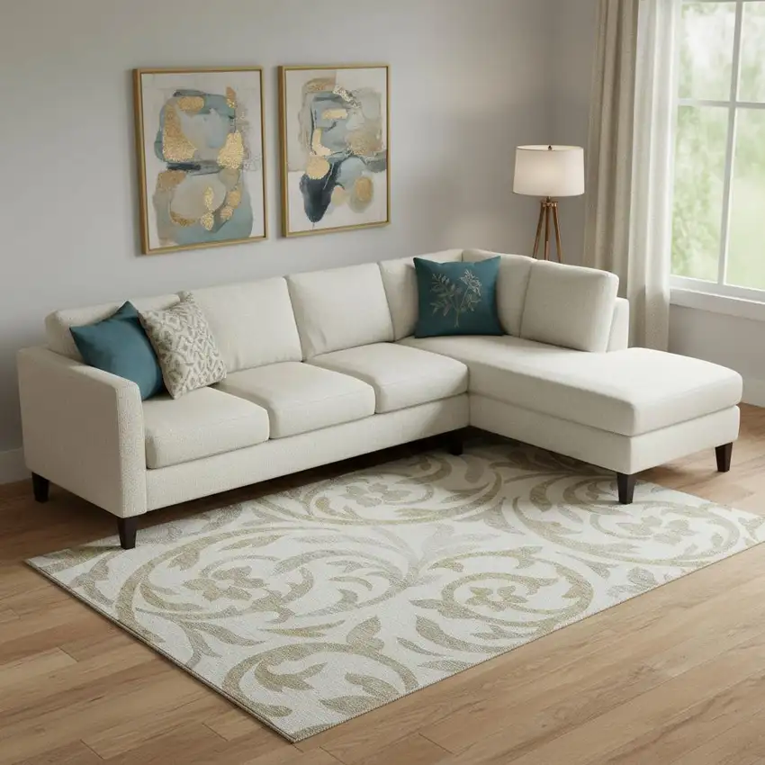 Ivory Beige And Taupe Floral Washable Area Rug With UV Protection Photo 1