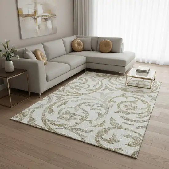 Ivory Beige And Taupe Floral Washable Area Rug With UV Protection Photo 2
