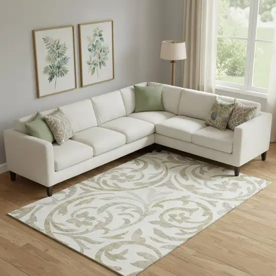 Ivory Beige And Taupe Floral Washable Area Rug With UV Protection Photo 1