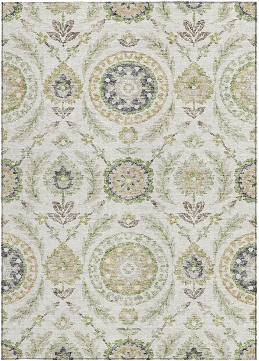 Ivory Beige And Taupe Floral Washable Indoor Outdoor Area Rug Photo 5