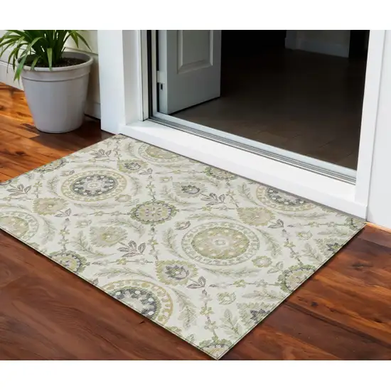 Ivory Beige And Taupe Floral Washable Indoor Outdoor Area Rug Photo 1