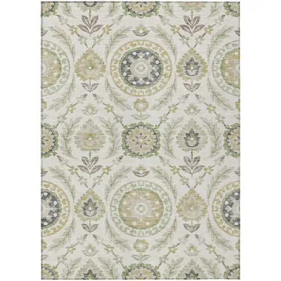Ivory Beige And Taupe Floral Washable Indoor Outdoor Area Rug Photo 1